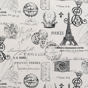 Vintage Travel Fabric by Yard French Postmark Stamp Print Neutral Onyx Cotton Textile for Pillow Cover Curtain Panel Wall Decor Paris Theme image 1