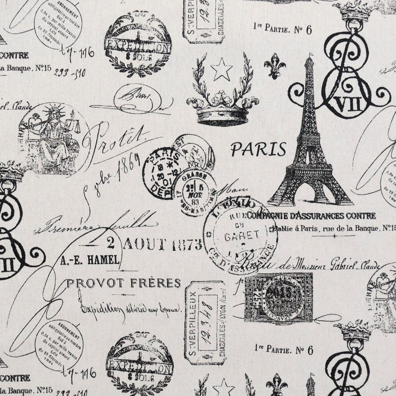 Vintage Travel Fabric by Yard French Postmark Stamp Print Neutral Onyx Cotton Textile for Pillow Cover Curtain Panel Wall Decor Paris Theme image 1