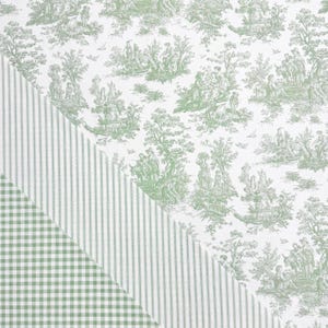 Sage Toile Fabric Light Green Gingham Cotton Pinstripe Soft Green Complementary Print Cottagecore Textile Kitchen Decor Curtain Tablecloth