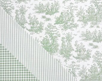 Sage Toile Fabric Light Green Gingham Cotton Pinstripe Soft Green Complementary Print Cottagecore Textile Kitchen Decor Curtain Tablecloth