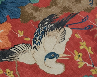 Tela con estampado de grulla roja, pájaro carmesí, algodón a gran escala, hojas verde azulado, tela de diseño, decoración tradicional de habitaciones, cortinas, proyecto de almohada DIY