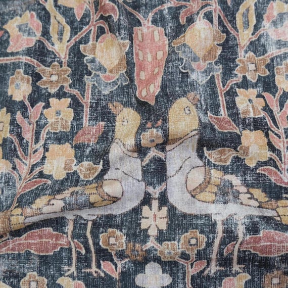 Cotton Drapery Fabric Muted Charcoal Warm Blush Pink Chesnut Gold Dark Academia Bird Pattern Fabric Botanical Print Floral Decor Textile