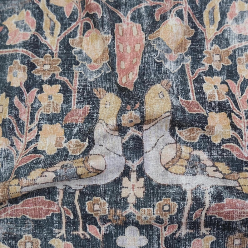 Cotton Drapery Fabric Muted Charcoal Warm Blush Pink Chesnut Gold Dark Academia Bird Pattern Fabric Botanical Print Floral Decor Textile image 1