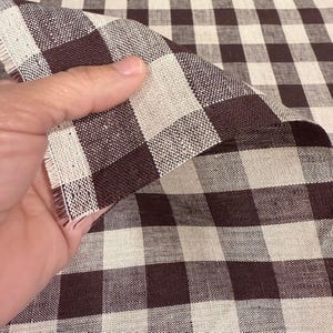 Brown Check Fabric Tablecloth Checkered Chocolate Brown Linen Coverlet Fabric Cafe Fall Table Runner Decor Textile Moody Warm Rustic Fabric image 3