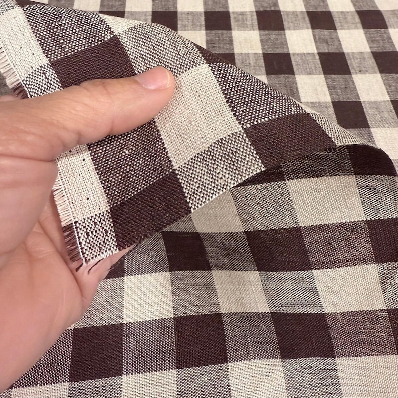 Brown Check Fabric Tablecloth Checkered Chocolate Brown Linen Coverlet Fabric Cafe Fall Table Runner Decor Textile Moody Warm Rustic Fabric image 3