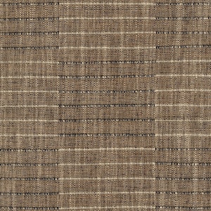 May include: Close-up of a woven fabric with a brown and beige color scheme. The fabric has a textured appearance with horizontal stripes of varying widths and colors, creating a grid-like pattern. The stripes alternate between brown, beige, and black.