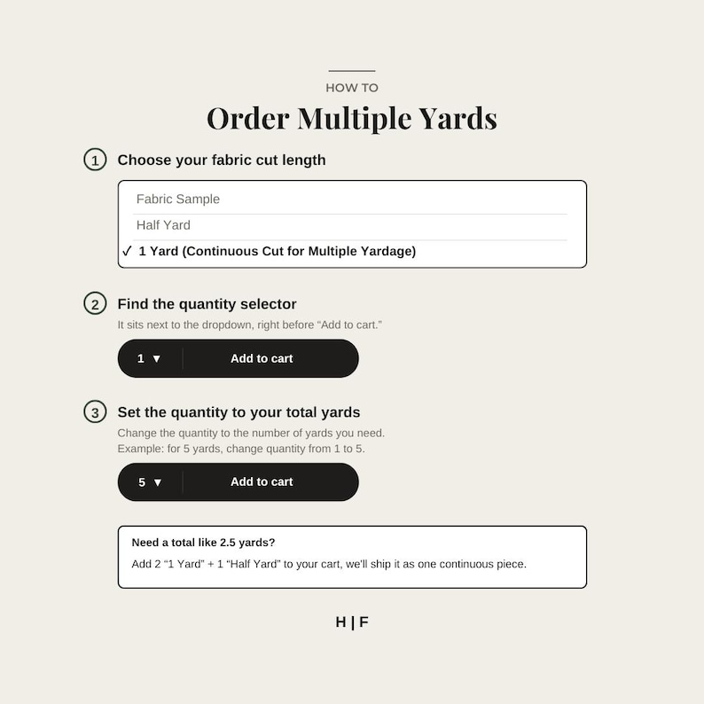 The image is a webpage with a clear layout and a simple design, featuring a header, footer, and a navigation menu. The content of the webpage is focused on providing information about ordering multiple yards of fabric, including instructions on how to order and the quantity of yards to be ordered.