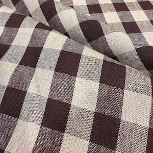 Mantel de tela a cuadros marrones, cubrecama de lino marrón chocolate, tela para cafetería, camino de mesa de otoño, decoración textil, tela rústica cálida y melancólica.