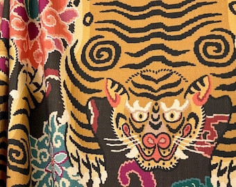 Tiger Print Fabric Chinoiserie Textile Yardage Livingroom Chinese Decor Eclectic Fabric Panel Colorful Cotton Animal Floral Design Black