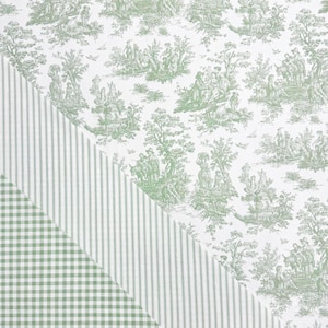 Sage Toile Fabric Light Green Gingham Cotton Pinstripe Soft Green Complementary Print Cottagecore Textile Kitchen Decor Curtain Tablecloth