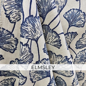 French Blue Botanical Fabric by the Yard Chateaucore Linen Look Cotton Slub Cream Floral Upholstery Drapery English Garden Home Decor Elmsley – Ginkgo Leaf