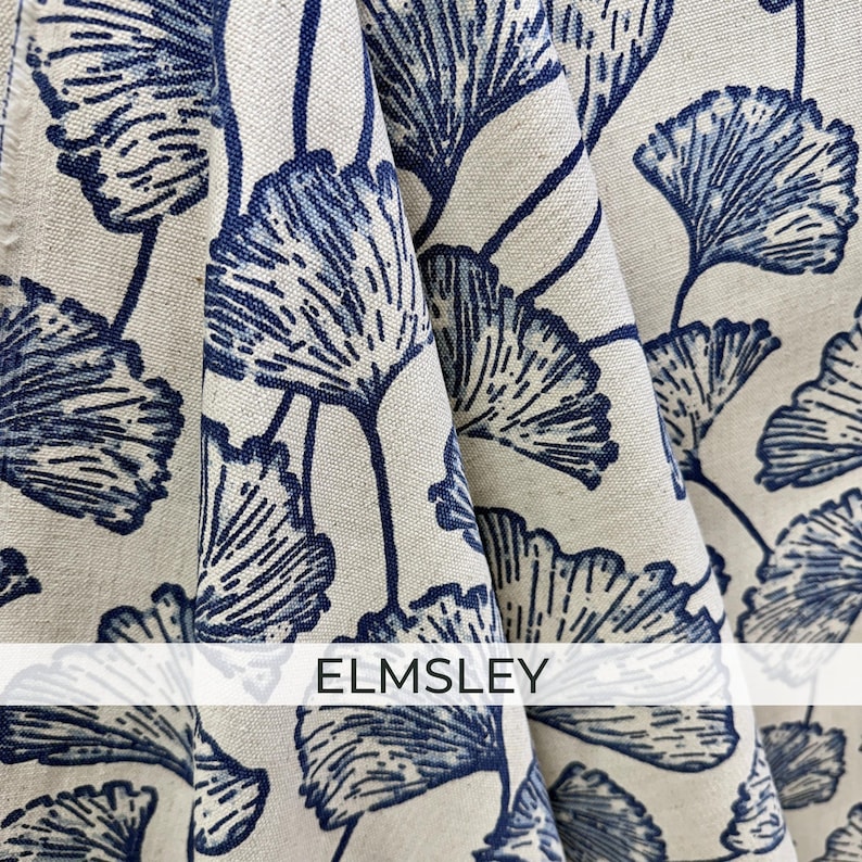 French Blue Botanical Fabric by the Yard Chateaucore Linen Look Cotton Slub Cream Floral Upholstery Drapery English Garden Home Decor Elmsley – Ginkgo Leaf