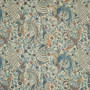 Peacock Pattern Coral Blue Floral Bird Fabric Exotic Feather Print Fabric by the Yard DIY Sewing Home Decor Linen Rayon Folk Art Clearance