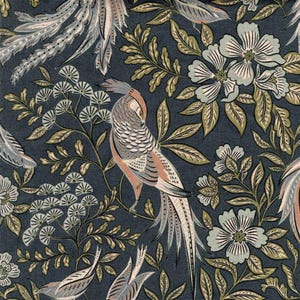 Navy Blue Fabric Set Bird Floral Damask Print Stripe Pattern French Country Style Home Decor Curtain Drapery Panel Sewing Textile Bundle