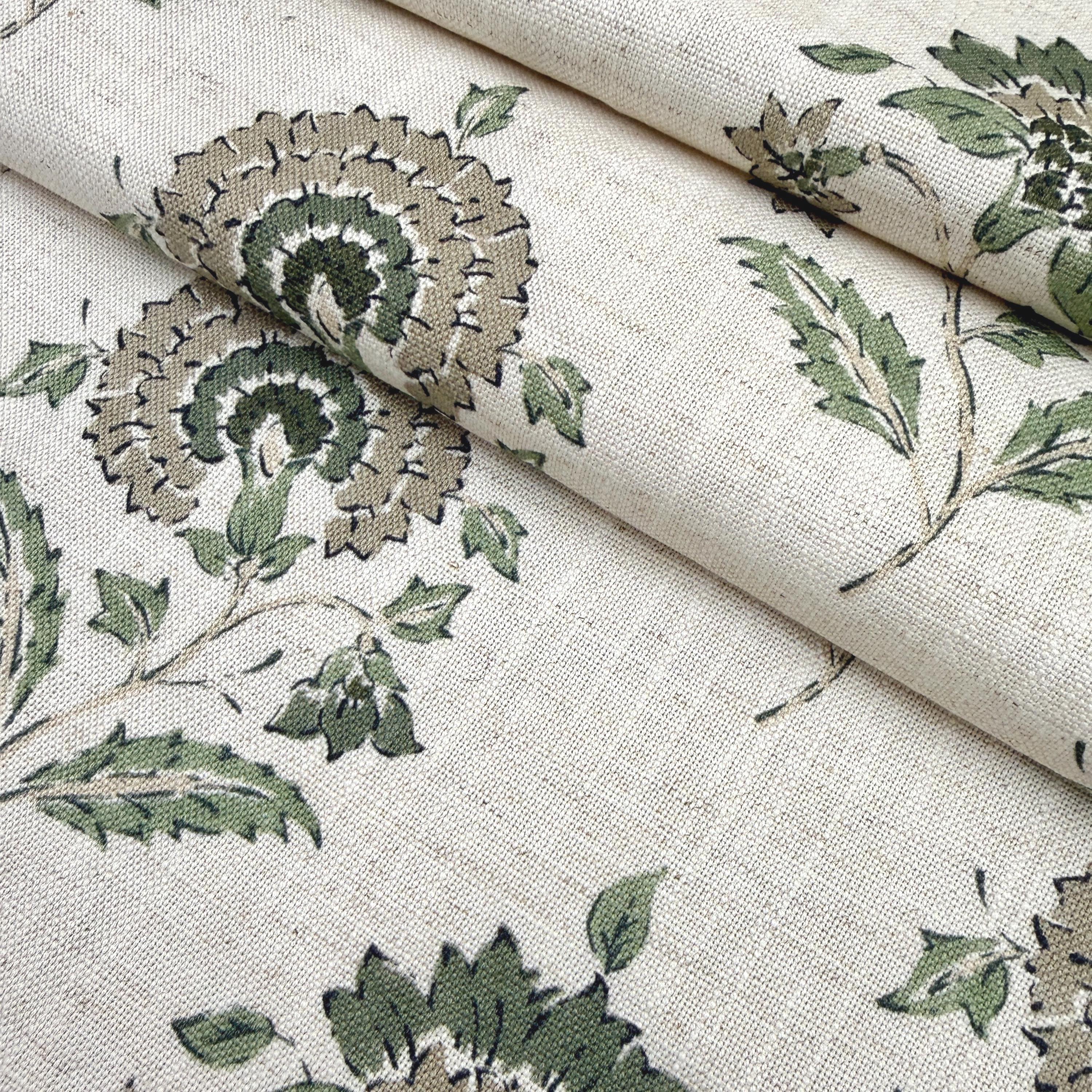 Green Floral Fabric Block Print Small Scale Botanical Style Drapery