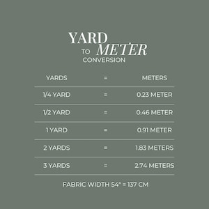 May include: A chart on a muted green background displays yard to meter conversions. Conversions include: 1/4 yard = 0.23 meter, 1/2 yard = 0.46 meter, 1 yard = 0.91 meter, 2 yards = 1.83 meters, and 3 yards = 2.74 meters. Fabric width is 54" = 137 cm.