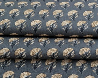 Tela azul con estampado pequeño, azul pizarra, estampado floral integral, textil con estampado de bloques, mini flores, lino, estilo vintage, diseñador, algodón, estampado floral azul