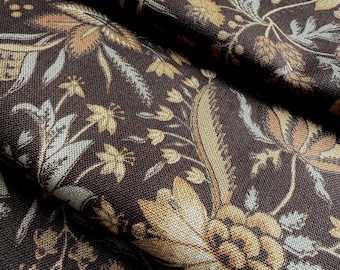 Tela de color marrón espresso con estampado floral botánico y diseño de hojas estilo vintage para decoración del hogar, ideal para cortinas, sofás, sillas y costura.