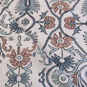 Whimsical Pattern Drapery Fabric Floral Vine Bird Print Fabric Coral Aquamarine Upholstery Textile French Blue Block Print Cloth Unique