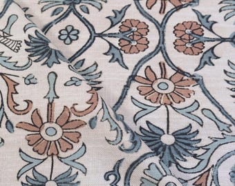 Tela para cortinas con estampado caprichoso, estampado floral, enredadera y pájaros, tela para tapicería en coral y aguamarina, tela con estampado de bloques azul francés, única