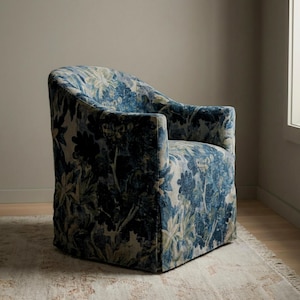 Blue Leaves Pattern Fabric Verdant Print Designer Textile Medieval Inspired Fabric Furniture Upholstery Material Distressed Vintage Finish image 2