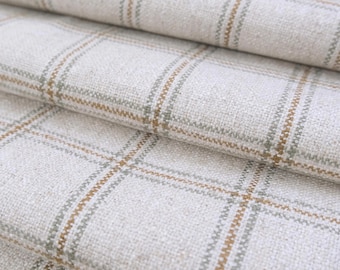 Windowpane Fabric by the Yard Plaid Check in Beige Sage and Ochre Linen Look Drapery Material for Pillows Curtains Home Decor