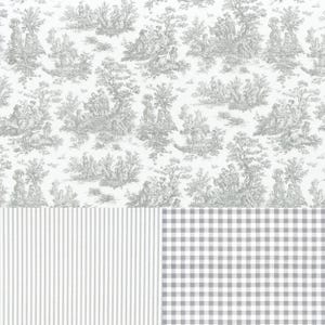 Gray Toile Fabric Assortment Gingham Pinstripe Coordinating Cotton Neutral Vintage Design Cotton Gingham Gray Nursery Quilt Fabric Bundle