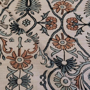 Bulk Yardage Floral Vine Bird Drapery Fabric Coral Aquamarine Blue Upholstery Textile French Block Print Curtain Material Whimsical Design image 1