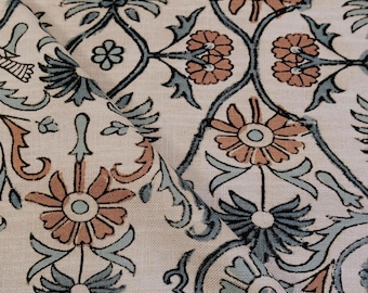Bulk Yardage Floral Vine Bird Drapery Fabric Coral Aquamarine Blue Upholstery Textile French Block Print Curtain Material Whimsical Design