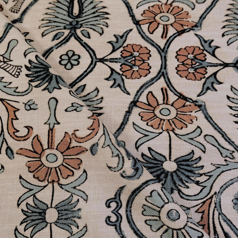 Bulk Yardage Floral Vine Bird Drapery Fabric Coral Aquamarine Blue Upholstery Textile French Block Print Curtain Material Whimsical Design image 1