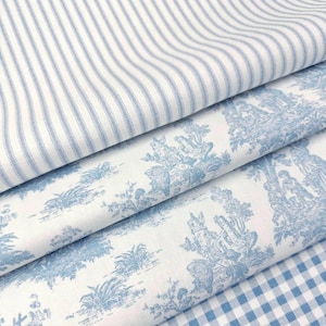 Powder Blue Toile Fabric Mini Checkered Pastel Blue Stripe French Country Matching Fabric Retro Baby Shower Decor Shabby Chic Sewing Gift bild 8