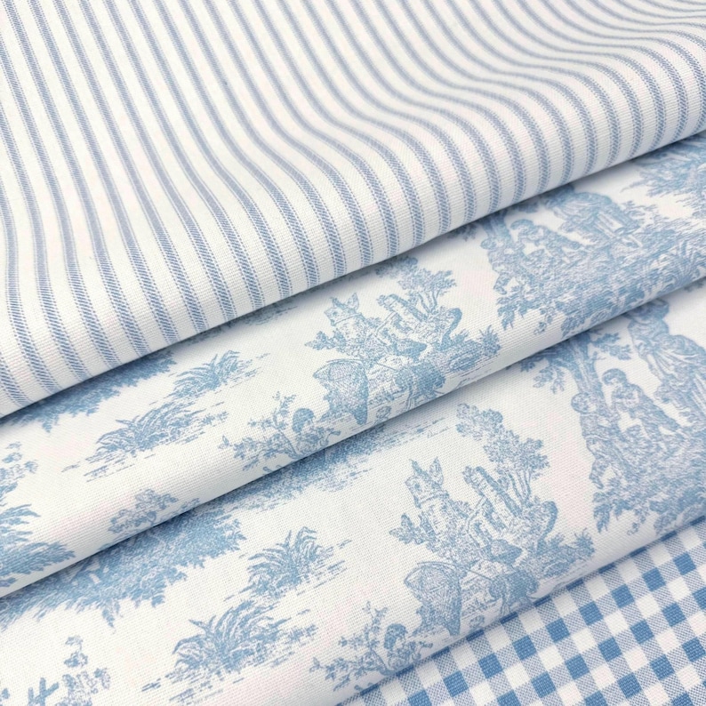 Powder Blue Toile Fabric Mini Checkered Pastel Blue Stripe French Country Matching Fabric Retro Baby Shower Decor Shabby Chic Sewing Gift bild 8