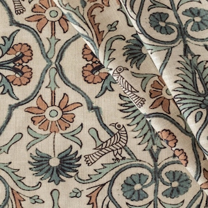 Tela para cortinas con estampado caprichoso, estampado floral, enredadera y pájaros, tela para tapicería en coral y aguamarina, tela con estampado de bloques azul francés, única