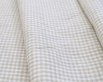 Beige Gingham Linen Fabric Neutral Check Upholstery Fabric Rustic Farmhouse Sewing Material Cottage Decor Linen for Quilting DIY Projects