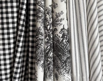 Black Toile Fabric Gingham Black Ticking Stripe Coordinating Pattern French Provincial Fabric Vintage Inspired Patchwork Quilting Country