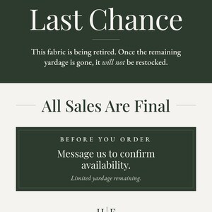 The image is a promotional poster for a yardage sale. It features a green background with white text and a limited yardage remaining.