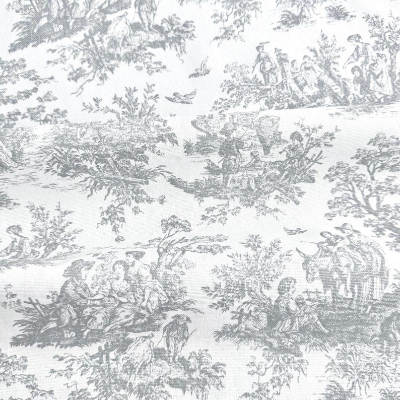 Cotton Toile Print Fabric by Yard Toile de Jouy Bedding Quilting Scenic Floral French Fabric for Sewing Cafe Curtain Historical Print Fabric Gray