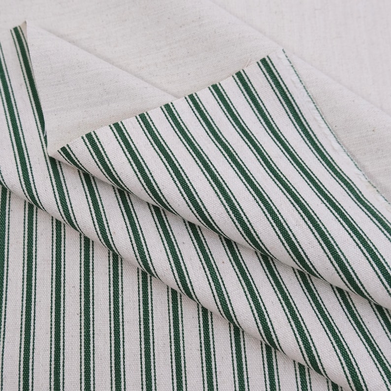 Tela de tapicería para sillas, color verde pino, con rayas finas, cortada a medida, estilo campestre francés, ideal para decoración del hogar. Tela vintage con rayas finas para debajo de los gabinetes. imagen 3