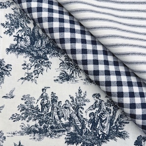 Blue Toile Fabric Gingham Navy Ticking Stripe Coordinating Pattern French Provincial Fabric Vintage Inspired Sewing Quilting Country Decor