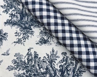 Blue Toile Fabric Gingham Navy Ticking Stripe Coordinating Pattern French Provincial Fabric Vintage Inspired Sewing Quilting Country Decor