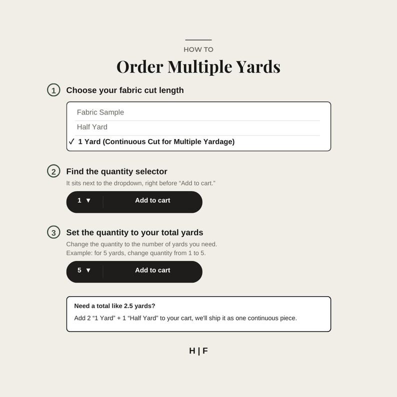 The image is a webpage with a clear layout and a simple design, featuring a header, footer, and a navigation menu. The content of the webpage is focused on providing information about ordering multiple yards of fabric, including instructions on how to order and the quantity of yards to be ordered.