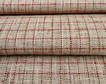 Red Windowpane Fabric Small Scale Taupe Check Woven Upholstery Textile Woven Drapery Sewing Material Rustic Festive Plaid Home Decor Fabric