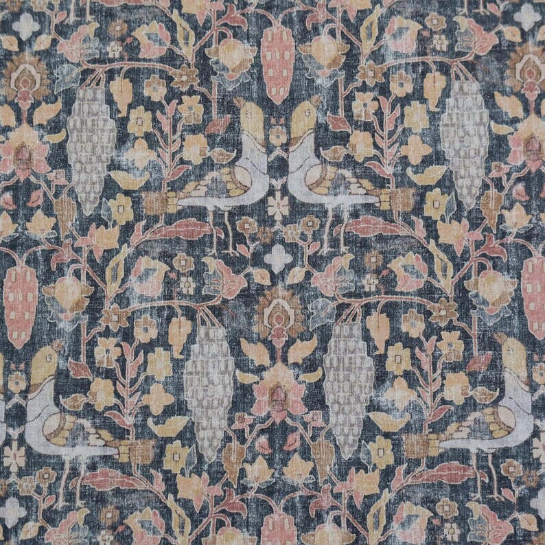 Cotton Drapery Fabric Muted Charcoal Warm Blush Pink Chesnut Gold Dark Academia Bird Pattern Fabric Botanical Print Floral Decor Textile image 2