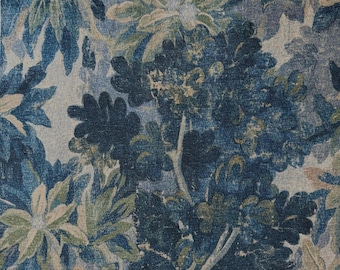 Blue Leaves Pattern Fabric Verdant Print Designer Textile Medieval Inspired Fabric Furniture Upholstery Material Distressed Vintage Finish