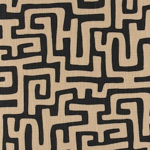Tribal Maze Fabric by Yard Graphic Black Tan Abstract Print Slub Canvas Material for Pillow Cover Curtain Panel Wall Decor Accent Textile