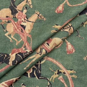 Green Equestrian Print Fabric Soft Upholstery Linen Blend Textile by the Yard Horse Rider Edwardian Style Pattern Moody English Country Home