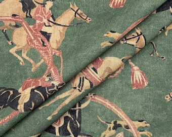 Green Equestrian Print Fabric Soft Upholstery Linen Blend Textile by the Yard Horse Rider Edwardian Style Pattern Moody English Country Home