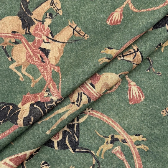 Green Equestrian Print Fabric Soft Upholstery Linen Blend Textile by the Yard Horse Rider Edwardian Style Pattern Moody English Country Home