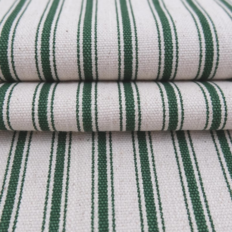 Tela de tapicería para sillas, color verde pino, con rayas finas, cortada a medida, estilo campestre francés, ideal para decoración del hogar. Tela vintage con rayas finas para debajo de los gabinetes. imagen 9