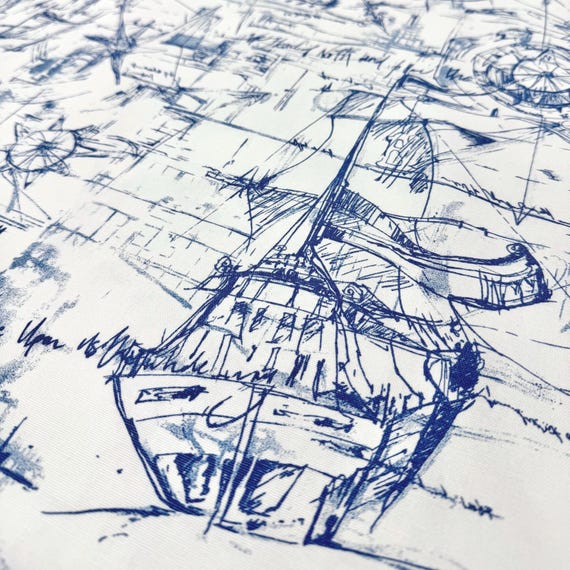 Nautical Fabric by Yard Blue and White Boat Map Fabric Coastal Upholstery Fabric Vintage Marine Compass Fabric for Pillows Drapes Decor